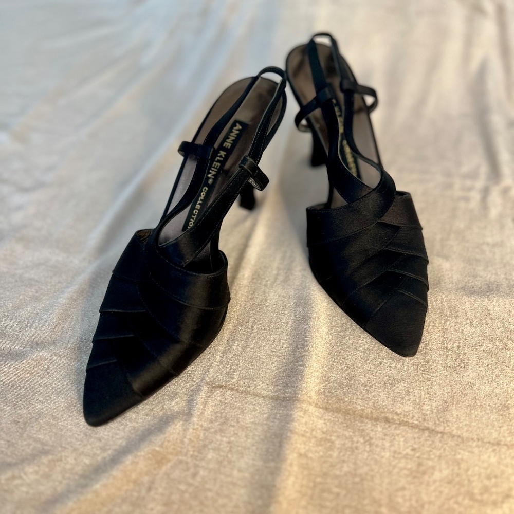 Vintage Anne Klein Couture black satin slingback heels
